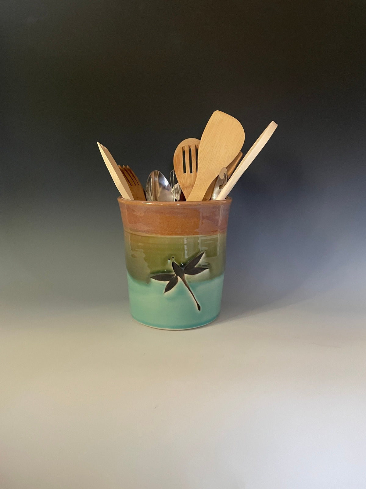 Handmade Pottery Dragonfly Vase: Teal Kitchen Crock, Colorado Art. Ceramic utensil jar.