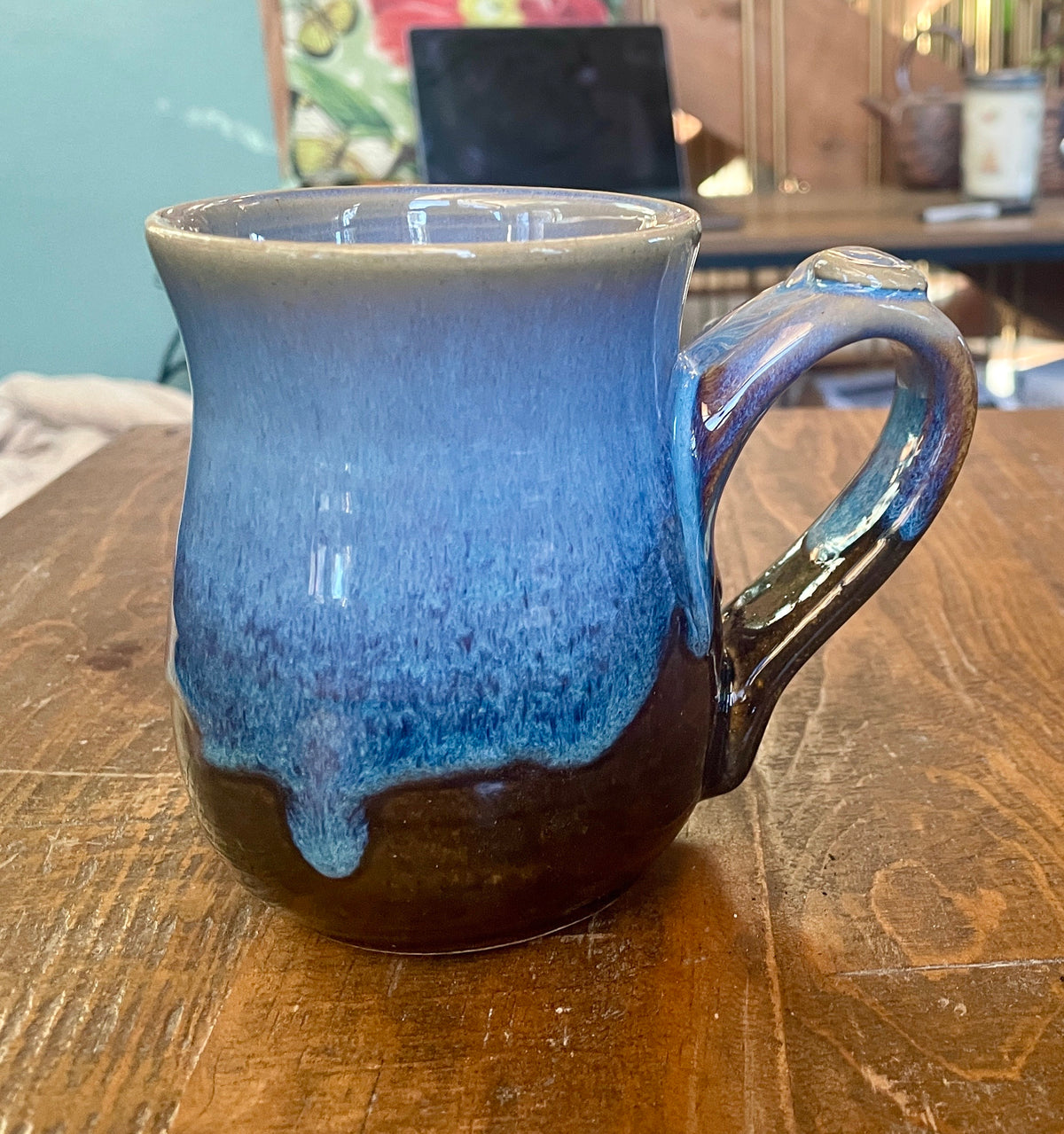 Handmade Ceramic Blue Coffee Mug: Pottery Cup with Thumb Rest (10-12 oz)Colorado Artist. Wheel thrown mug.