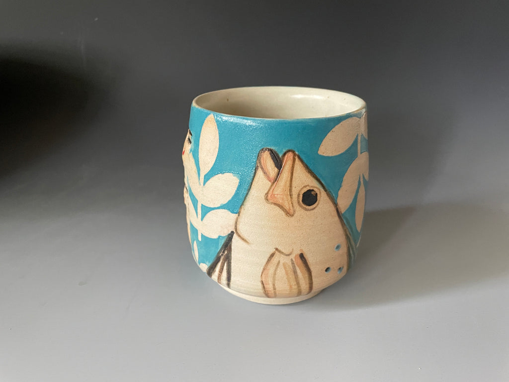Pottery fish wine cup. Unique Pottery tea mug. Ocean lover expresso cup. TealYunomi.