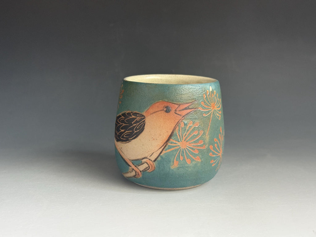Handmade Pottery Coffee Cup: Bird Design, Soda Fired. Tea bowl, Wine cup. Hand drawn Yunomi.