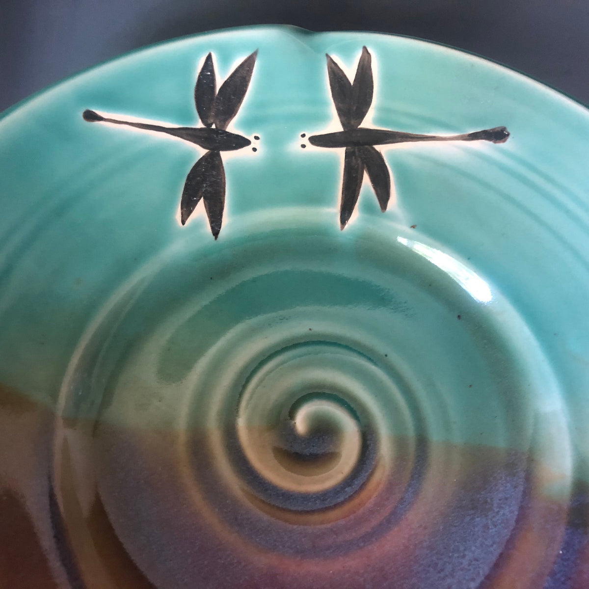 Handmade pottery platter. Dragonfly large ceramic dish. Pottery 12 inch by 2.5 inch fruit bowl.