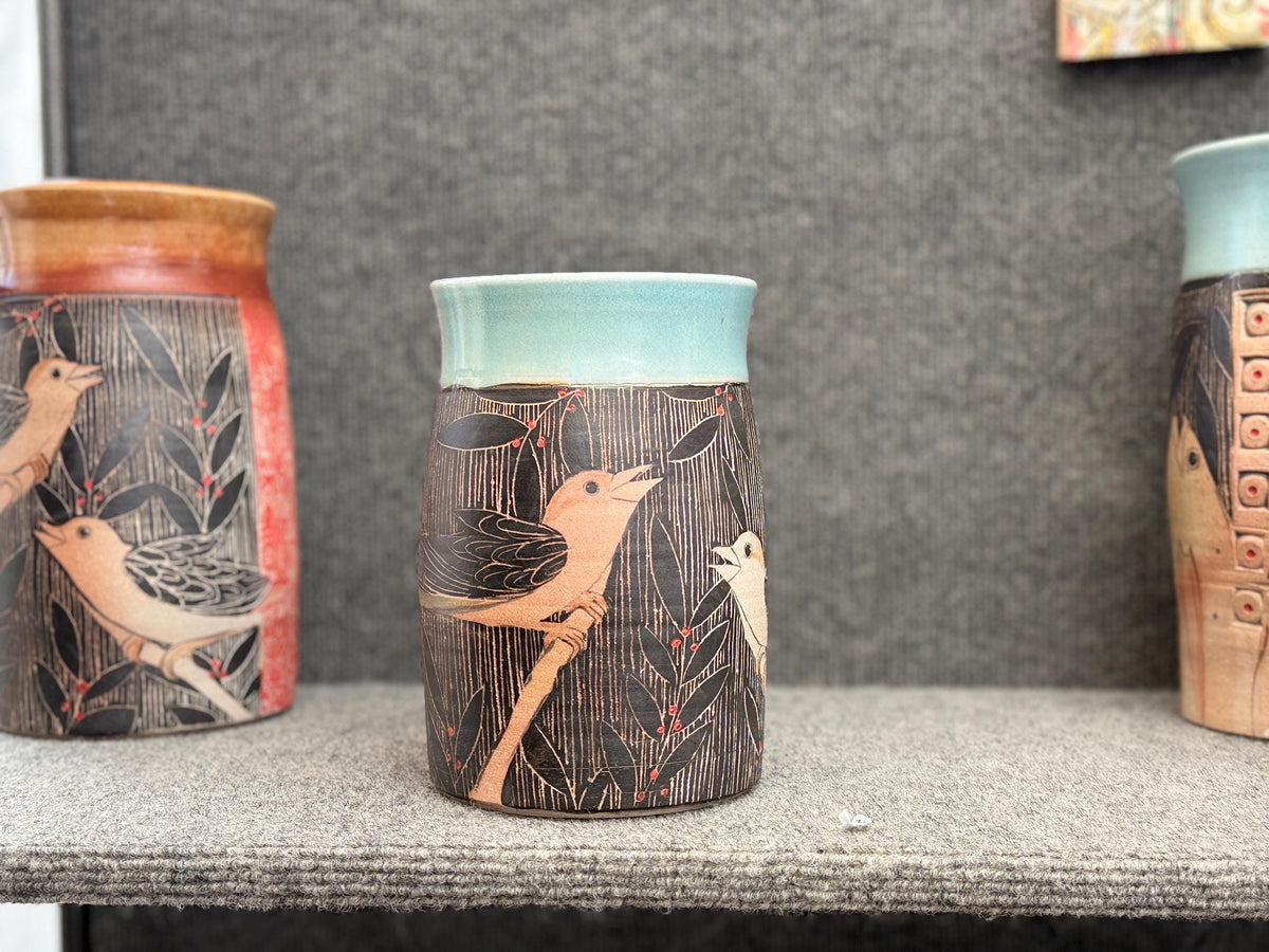 Handcrafted  Pottery Bird vase. Sgraffito Pottery, unique vase. 6 inches tall 4.5 inches wide.