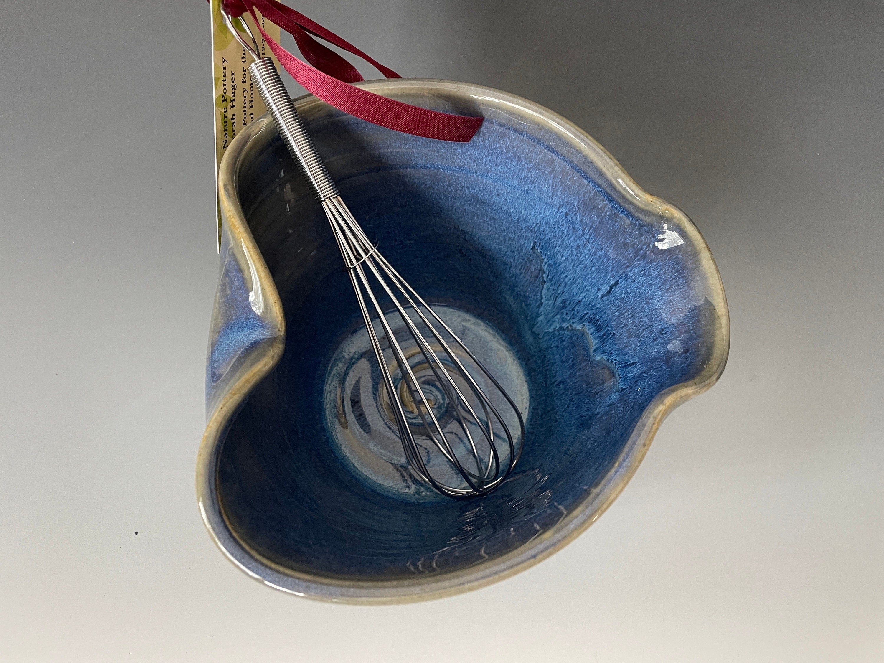 Blue Pottery Mixing Bowl with Whisk: Handmade Ceramic Batter Bowl