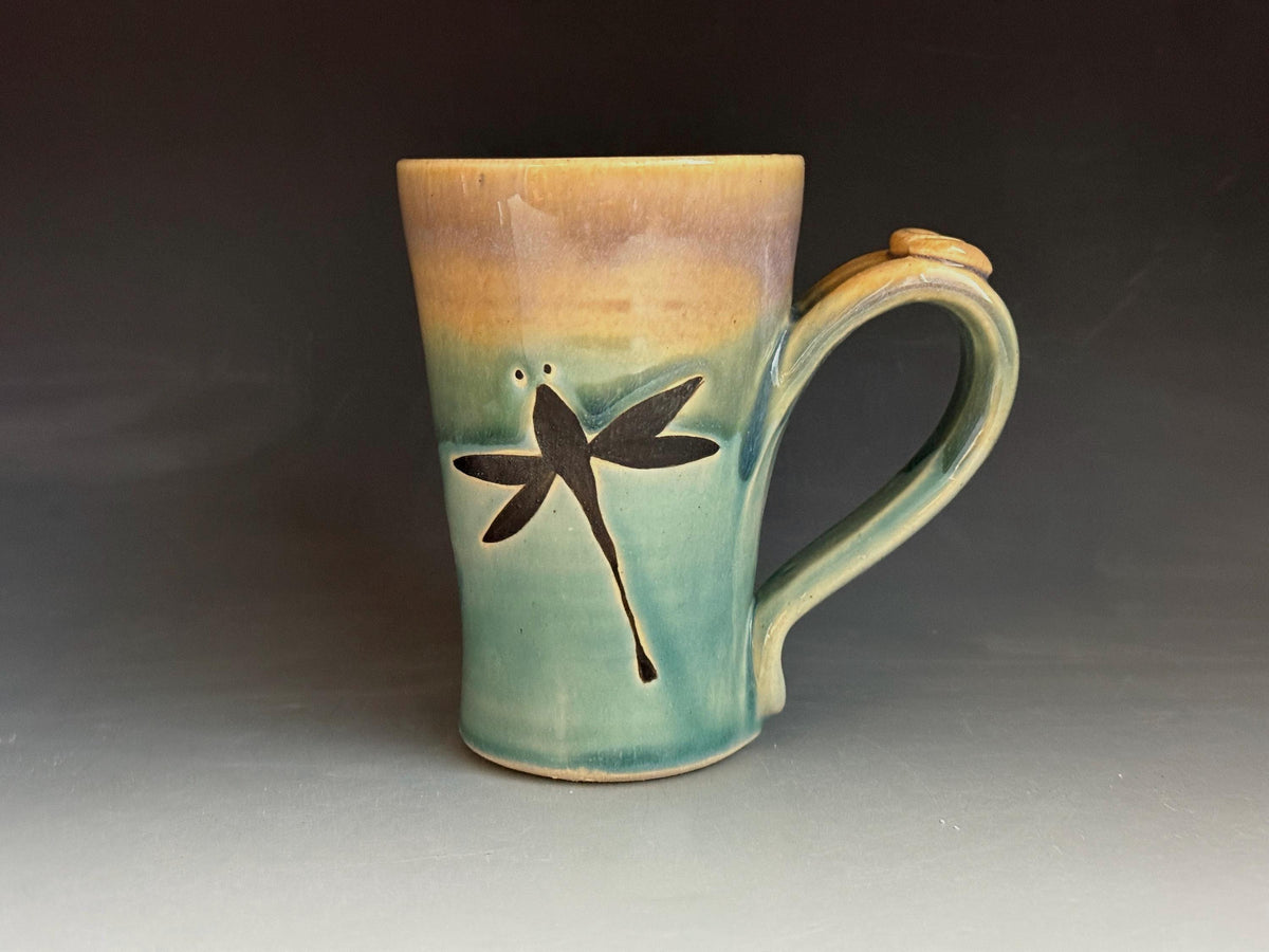Dragonfly coffee cup, handmade pottery mug.Free fast shipping Mother's Day Gift.