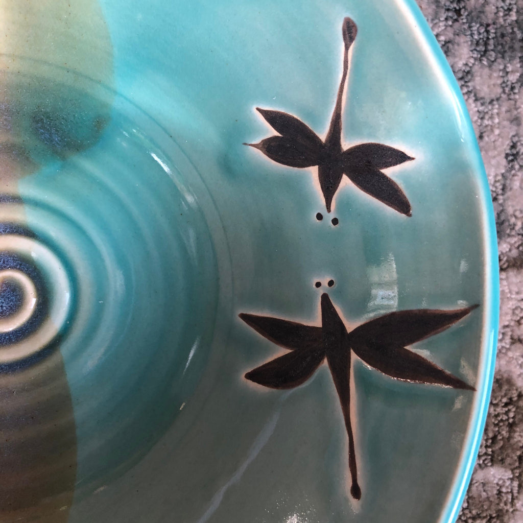 Handmade Ceramic Dragonfly Bowl: Teal Glaze Pottery, 8 inch