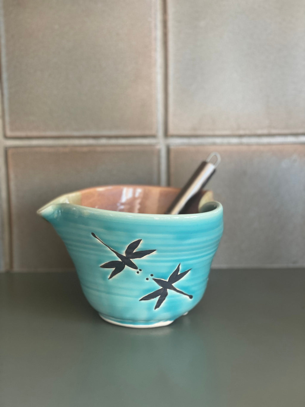 Handmade Pottery Dragonfly Mixing Bowl with whisk.Ergonomic Pottery Batter Bowl, Chef Gift. Pancake Bowl. Egg bowl. Gift for Mom.