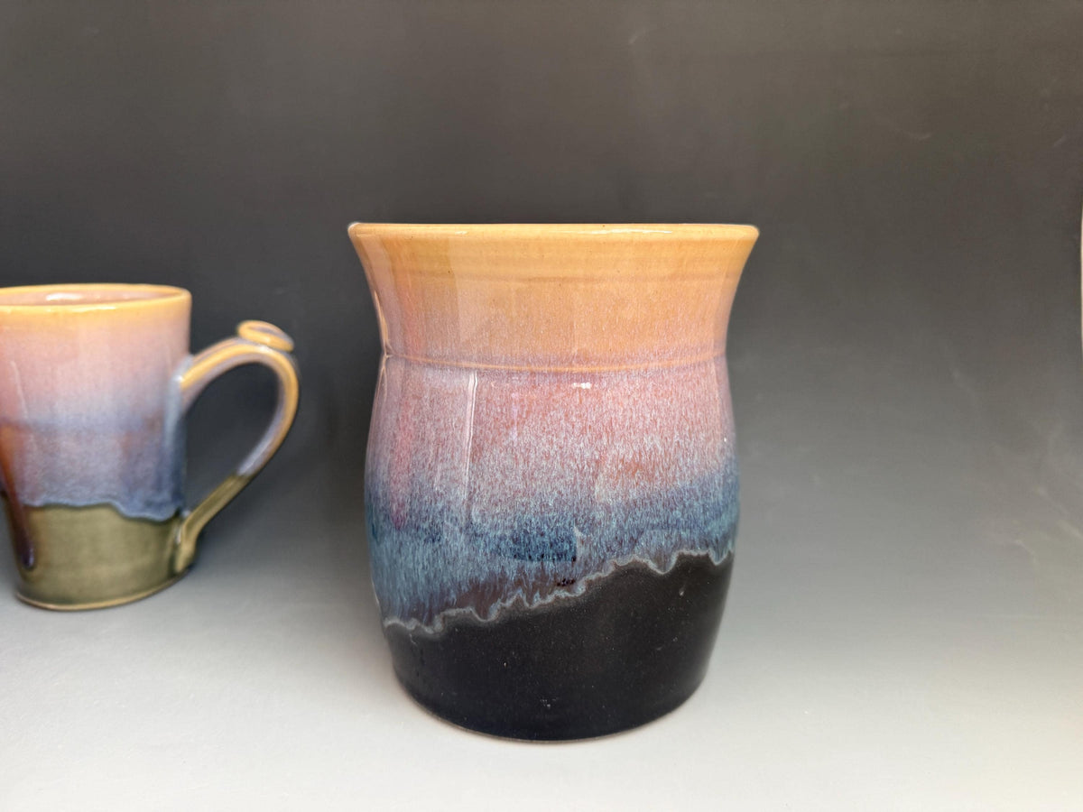 Kitchen Utensil holder. Pottery utensil holder. Ceramic 6.inch tall 5 inches widekitchen crock. Southwest pottery vase. Sunset kitchen decor