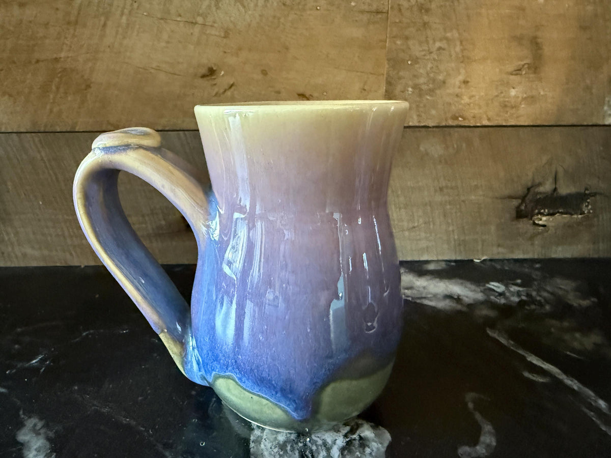 Handmade pottery Lilac and blue coffee Cup, 12 -14 ounce ceramic mug with thumb rest.Multi colored mug. Made in the U.S.A.