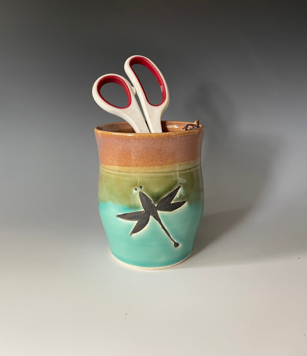 Hand Painted Pottery Dragonfly Vase, Teal Opal Glaze. Utensil jar. tool caddy. 6.5 inches tall