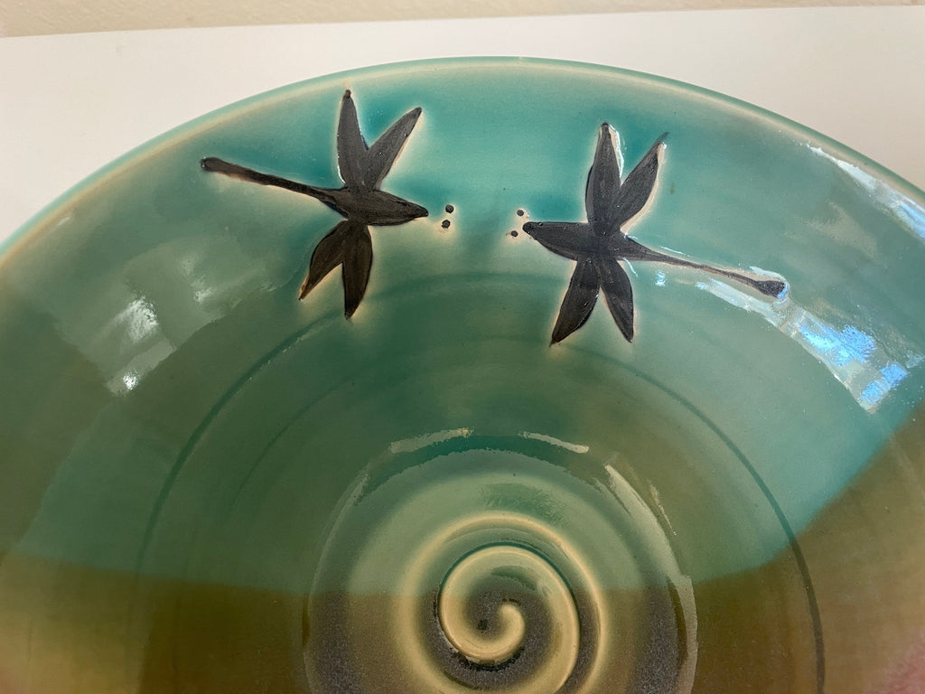Handmade Ceramic Dragonfly Bowl: Teal Glaze Pottery, 8 inch