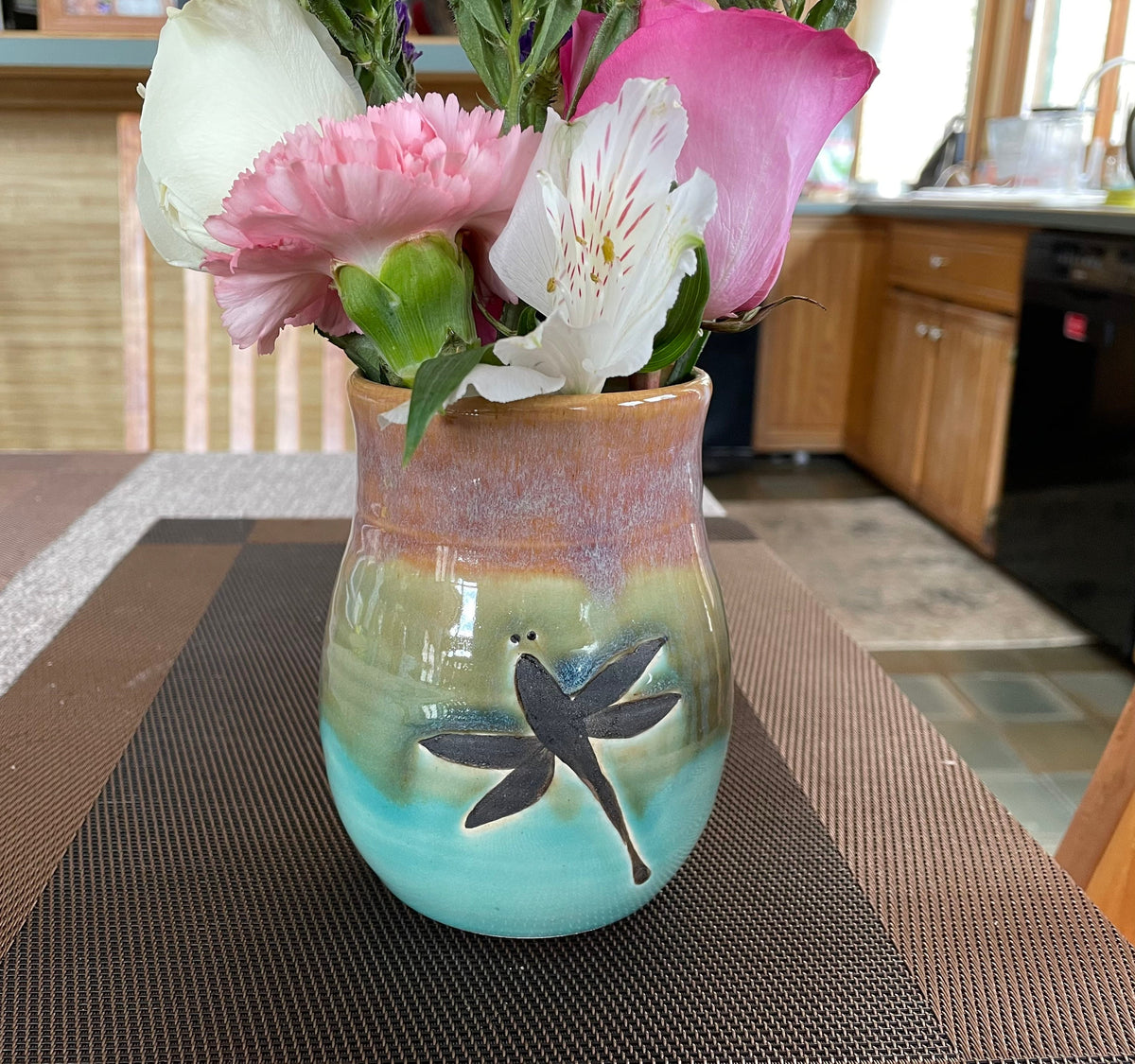 Handmade pottery vase for Mother's Day gift. 5 inch Dragonfly Art Deco Vase.