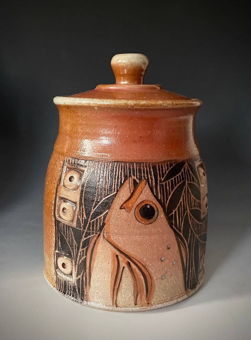 Unique handmade pottery jar, fish pottery utensil  jar, small crock for tools.