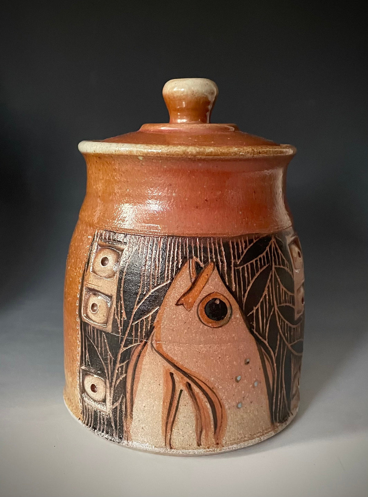 Unique handmade pottery jar, fish pottery utensil  jar, small crock for tools.