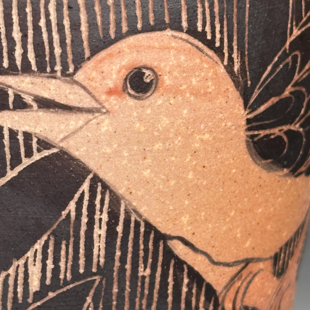 Handmade Sgraffito Bird Pottery Vase: Stoneware Spoon Jar, Hand painted Vase. Colorado Artist.