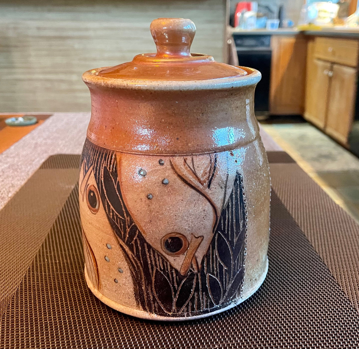 Unique handmade pottery jar, fish pottery utensil  jar, small crock for tools.