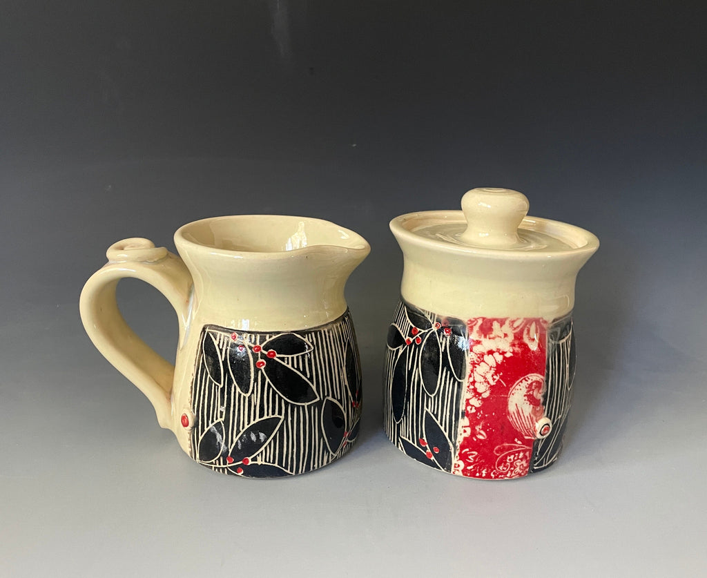 Pottery Cream and Sugar Set, Leaf design kitchen decor. black white and Red Breakfast Set, Handmade Pottery Kitchen Set.