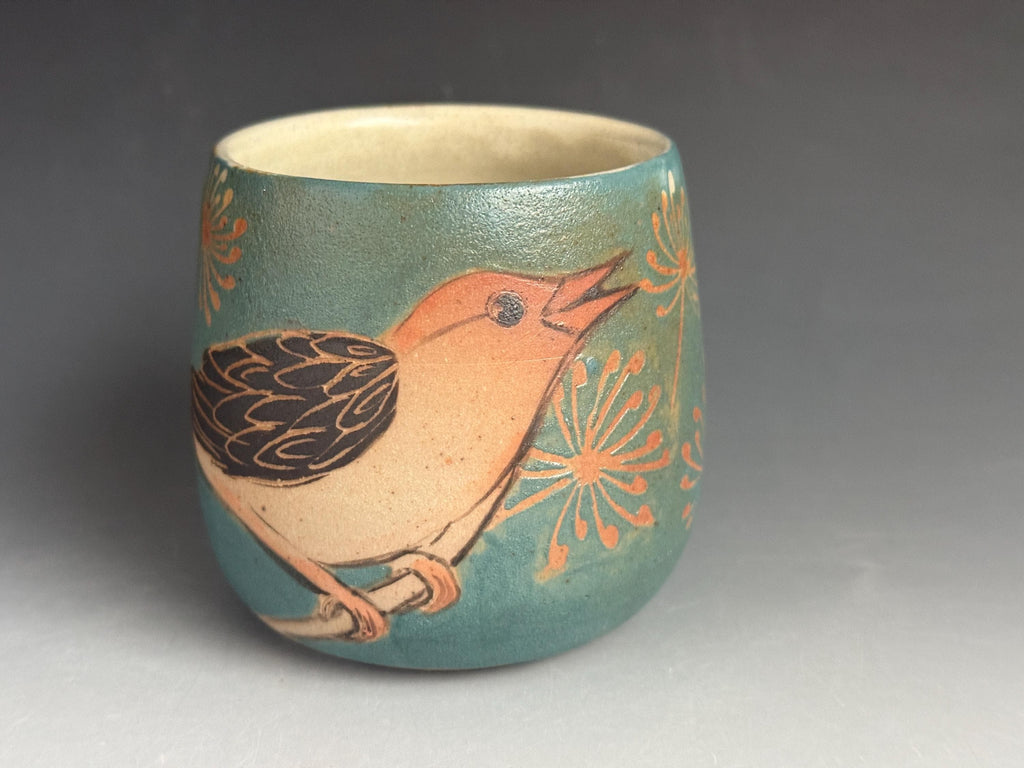 Handmade Pottery Coffee Cup: Bird Design, Soda Fired. Tea bowl, Wine cup. Hand drawn Yunomi.