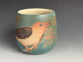 Handmade Pottery Coffee Cup: Bird Design, Soda Fired. Tea bowl, Wine cup. Hand drawn Yunomi.
