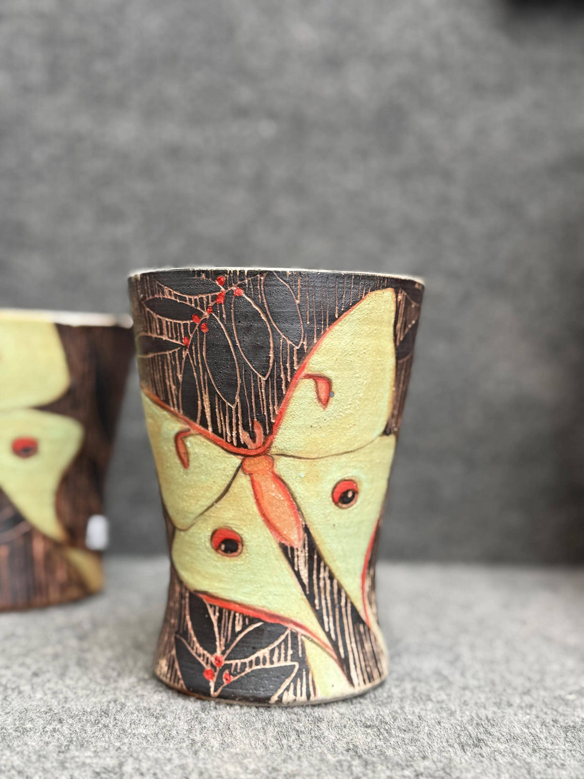 Handmade Pottery Luna Moth tumbler. Free fast, Shipping. Hand Painted Luna Cup. Petite pottery Valentine vase.
