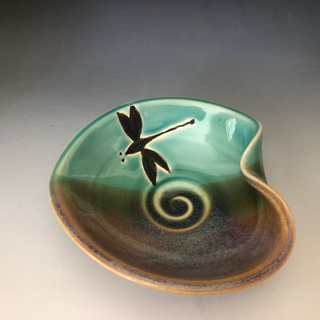 Pottery Dragonfly Heart Bowl: Handmade Teal Jewelry Dish. Made in the USA.