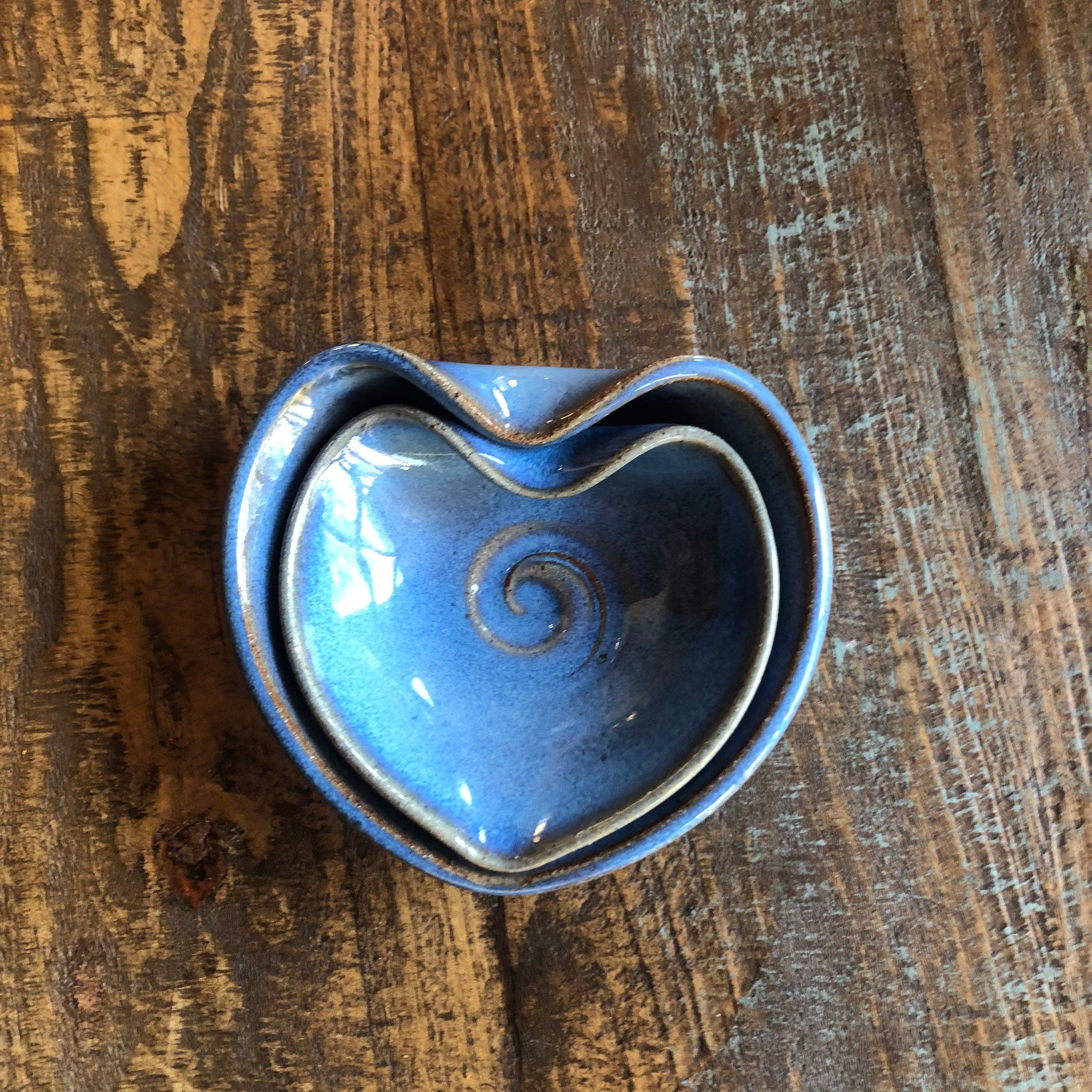 Blue Pottery Heart Nesting Bowls: Handmade Ceramic Set. Wedding gift. valentine gift