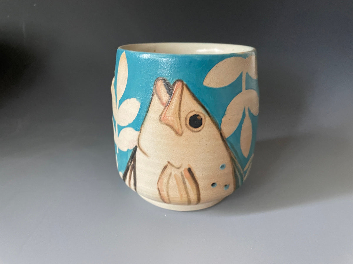 Pottery fish wine cup. Unique Pottery tea mug. Ocean lover expresso cup. TealYunomi.
