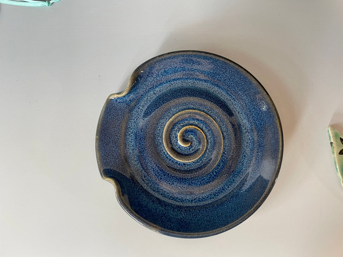 Ceramic spoon rest. Blue stove top pottery dish. Gifts under 30.dish for utensils. Kitchen decor.