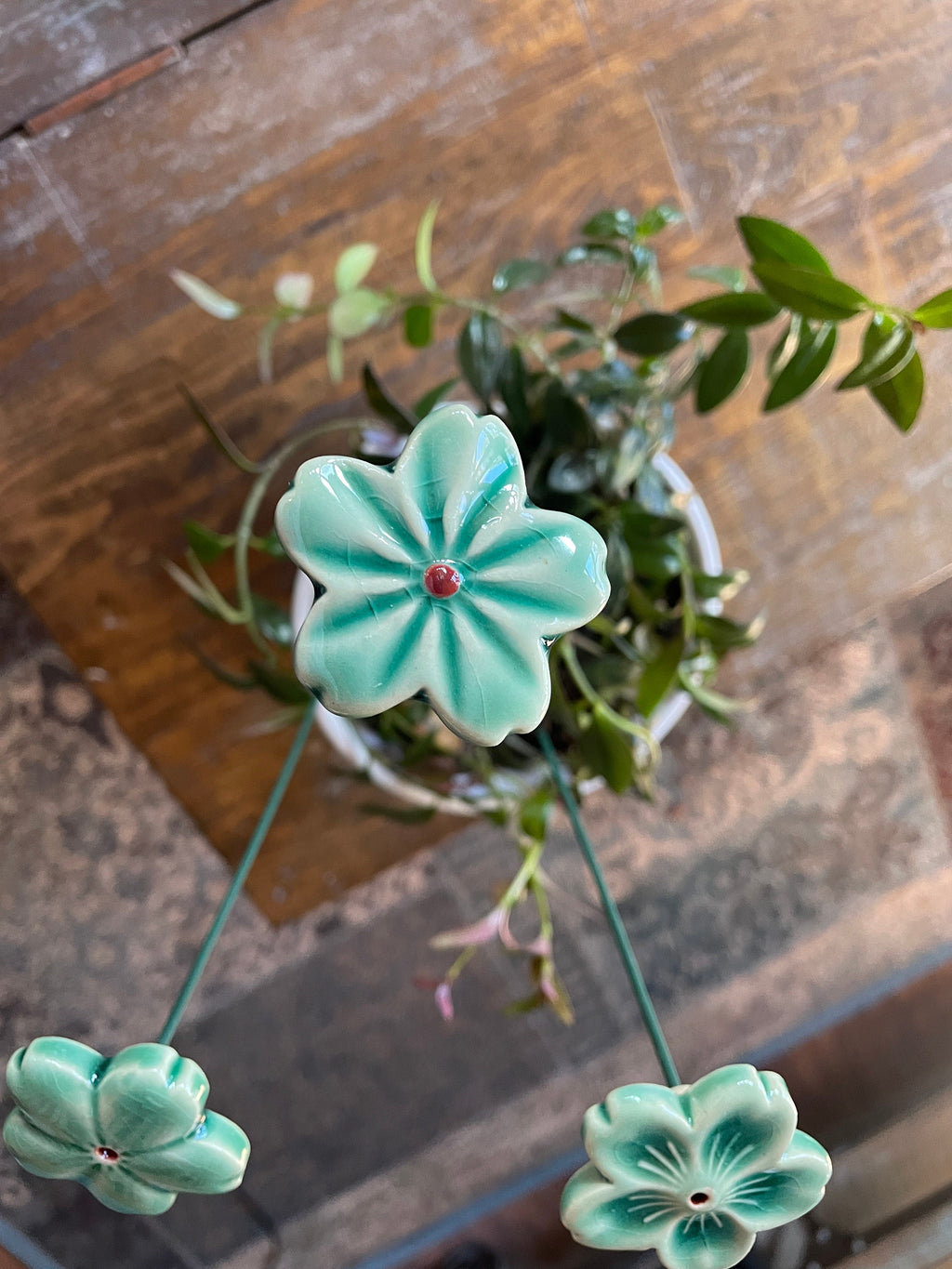 Handmade Ceramic Flower Plant Stick: Garden Accent Decor. Everlasting Valentine flower.