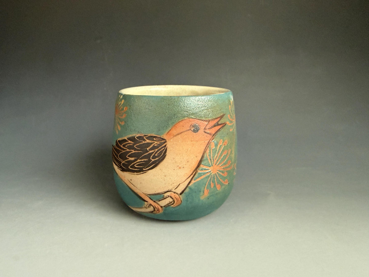 Handmade Pottery Coffee Cup: Bird Design, Soda Fired. Tea bowl, Wine cup. Hand drawn Yunomi.