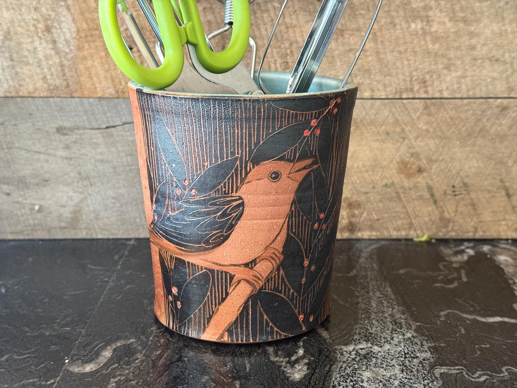 Handmade pottery tool caddy. Pottery bird vase. Ceramic bird vase. 6 inch kitchen crock.