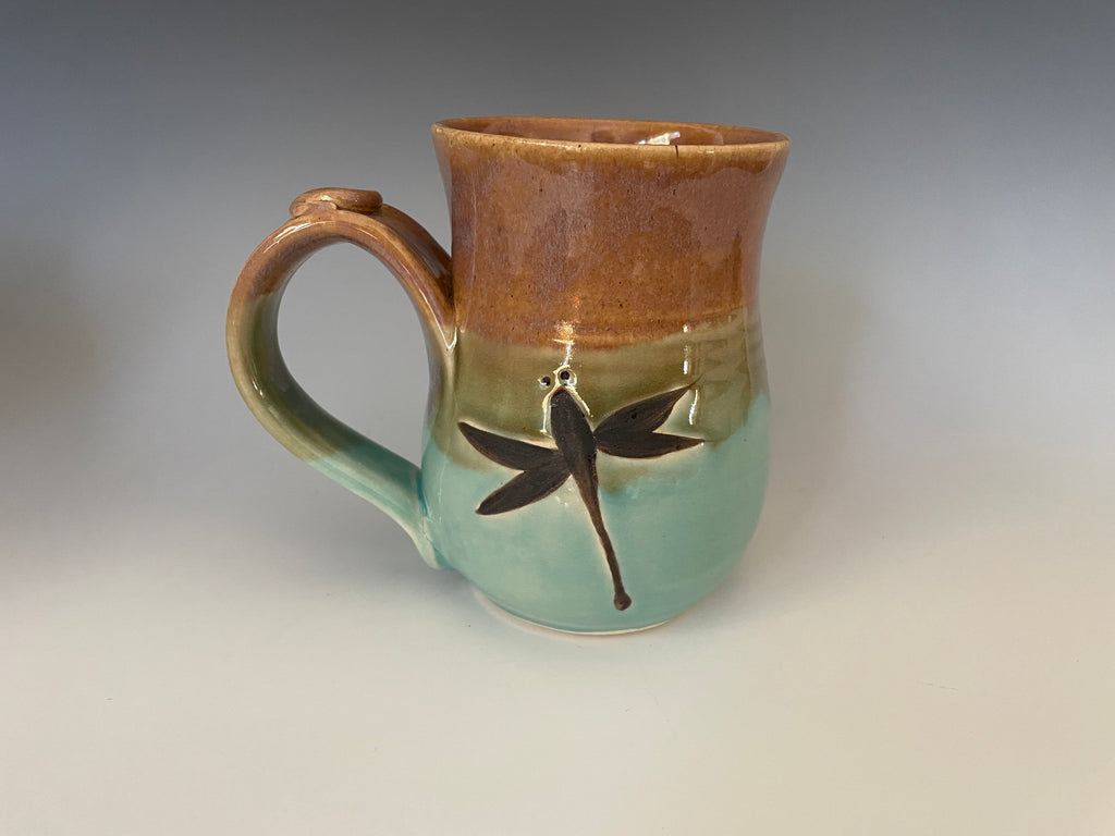 Handmade Dragonfly Mug: Hand-Painted Stoneware Coffee Cup. 12 ounce pottery coffee cup