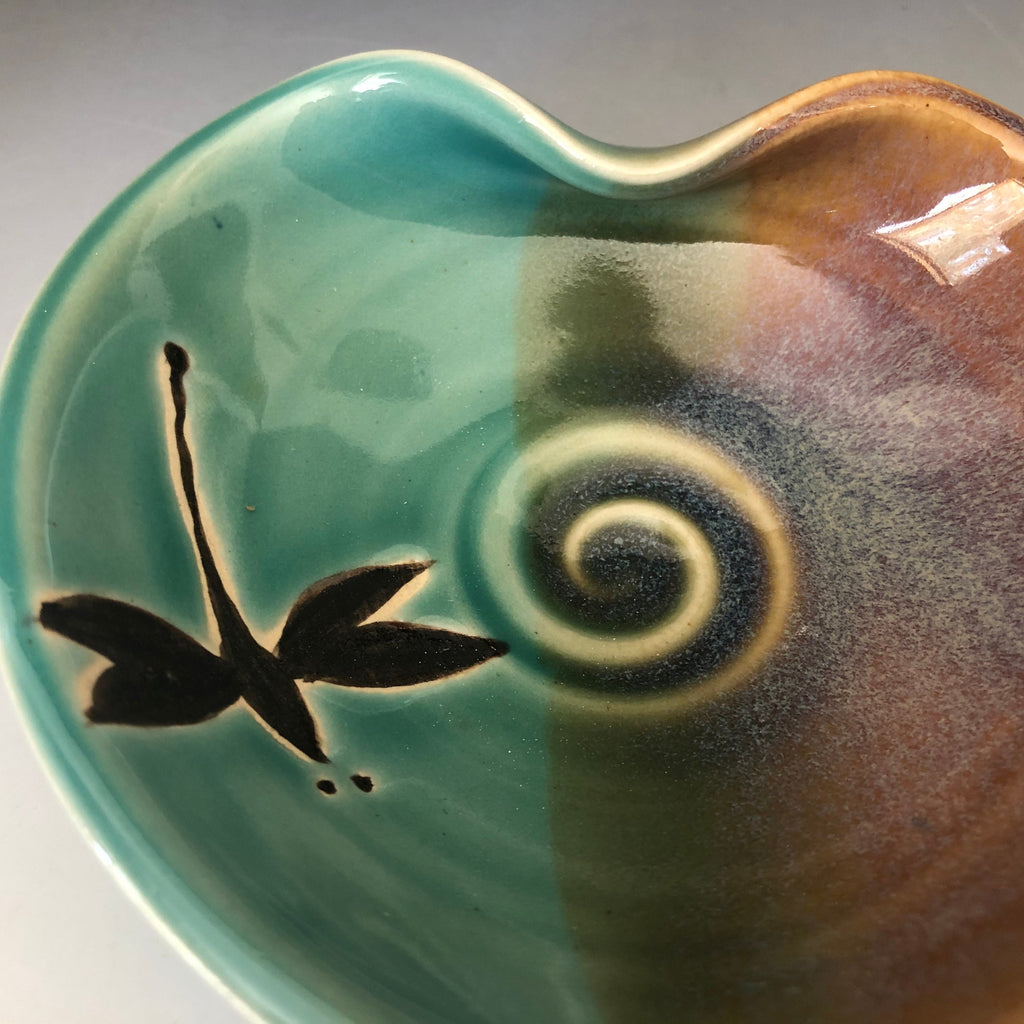 Pottery Dragonfly Heart Bowl: Handmade Teal Jewelry Dish. Made in the USA.