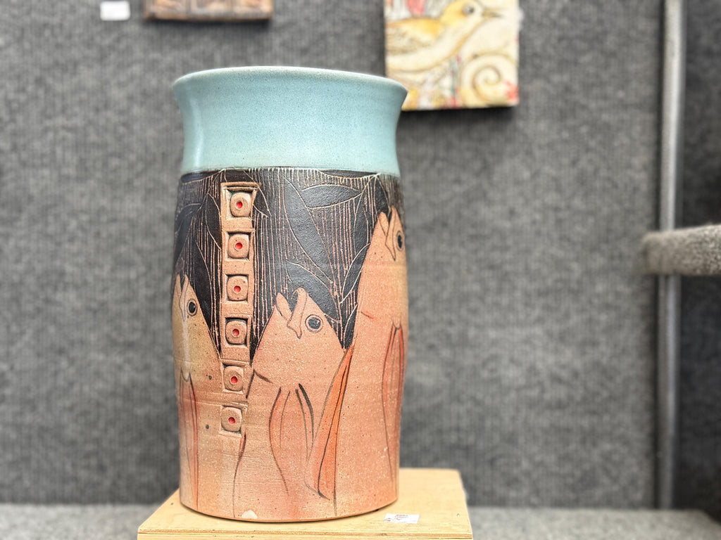 Large Art Nouveau fish vase. Sgraffito Art Deco 11 inch vase. Gift for Dad.Hand Painted pottery vase.Office decor.