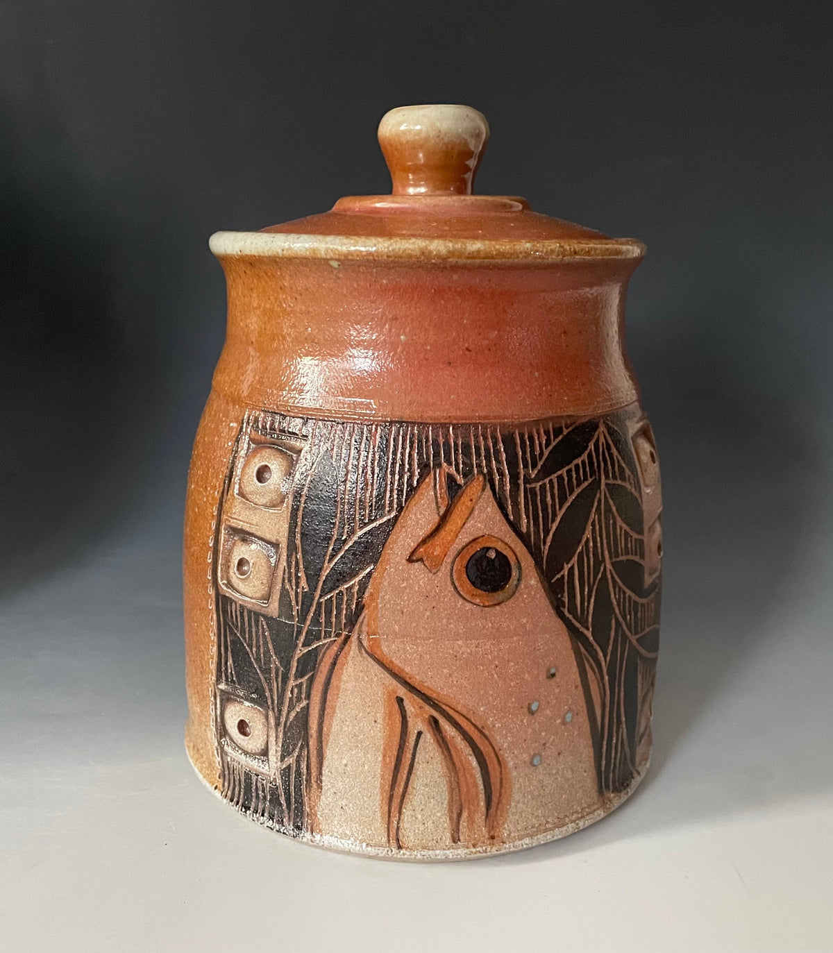 Unique handmade pottery jar, fish pottery utensil  jar, small crock for tools.
