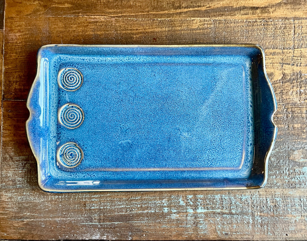 Blue Tray. Handmade Pottery Blue Plate. Blue Ceramic Serving Tray with spiral pattern, grilled meat tray 13 inch by 8 inch. Made to order.