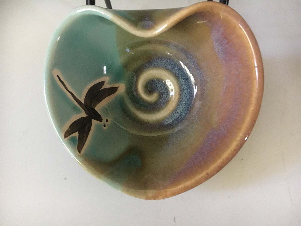 Dragonfly pottery Heart Bowl. Turquoise ceramic dish. Ceramic jewelry dish. 5 inch heart dish.