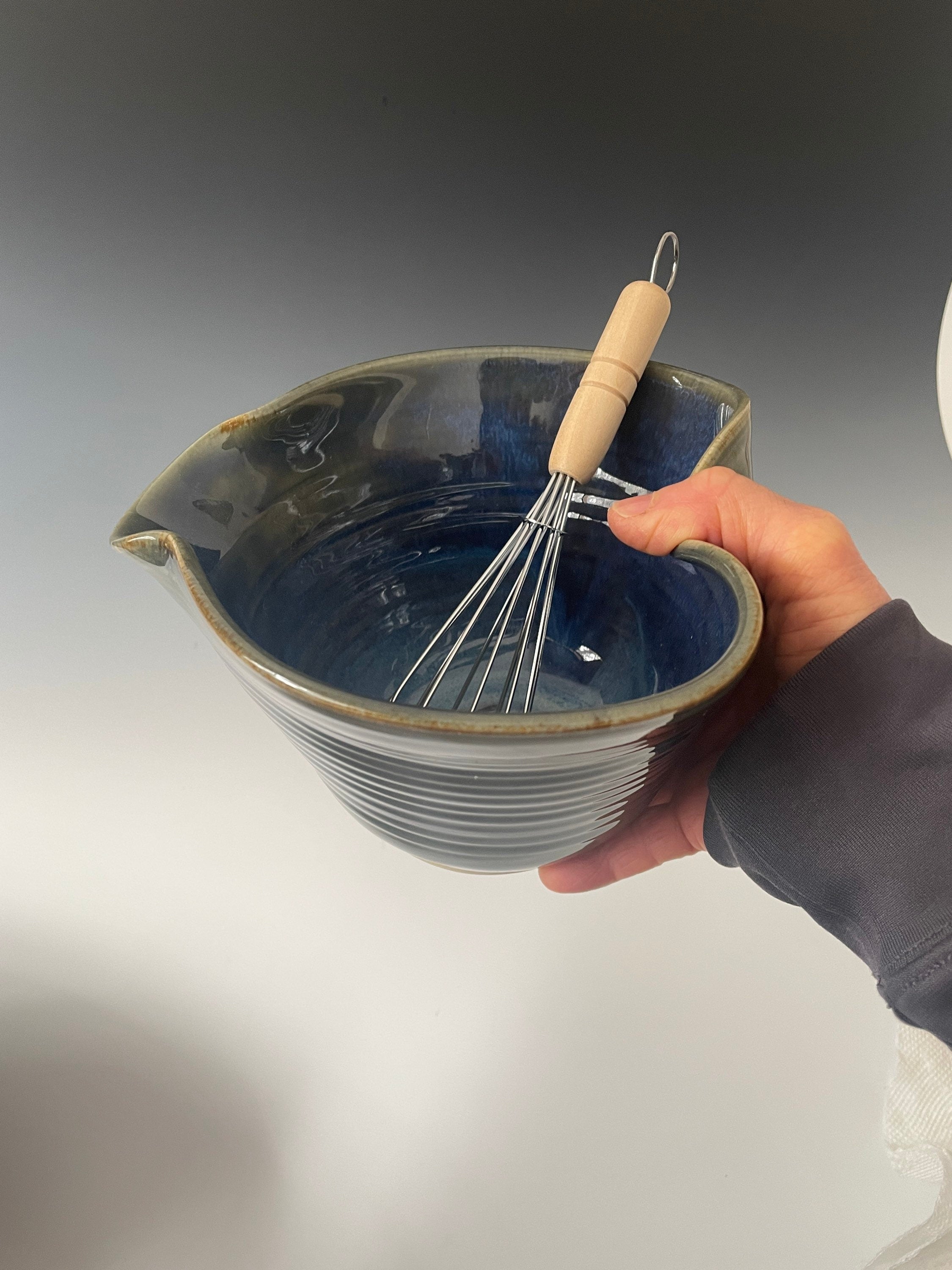 Blue pottery mixing bowl. Ergonomic pottery batter bowl. Gift for Chef. Gift set for Dad. Blue pancake bowl.Made in the USA.