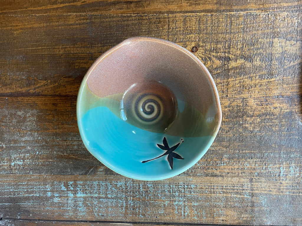 Handmade Pottery Bowl: Teal Dragonfly Ceramic Fruit Bowl