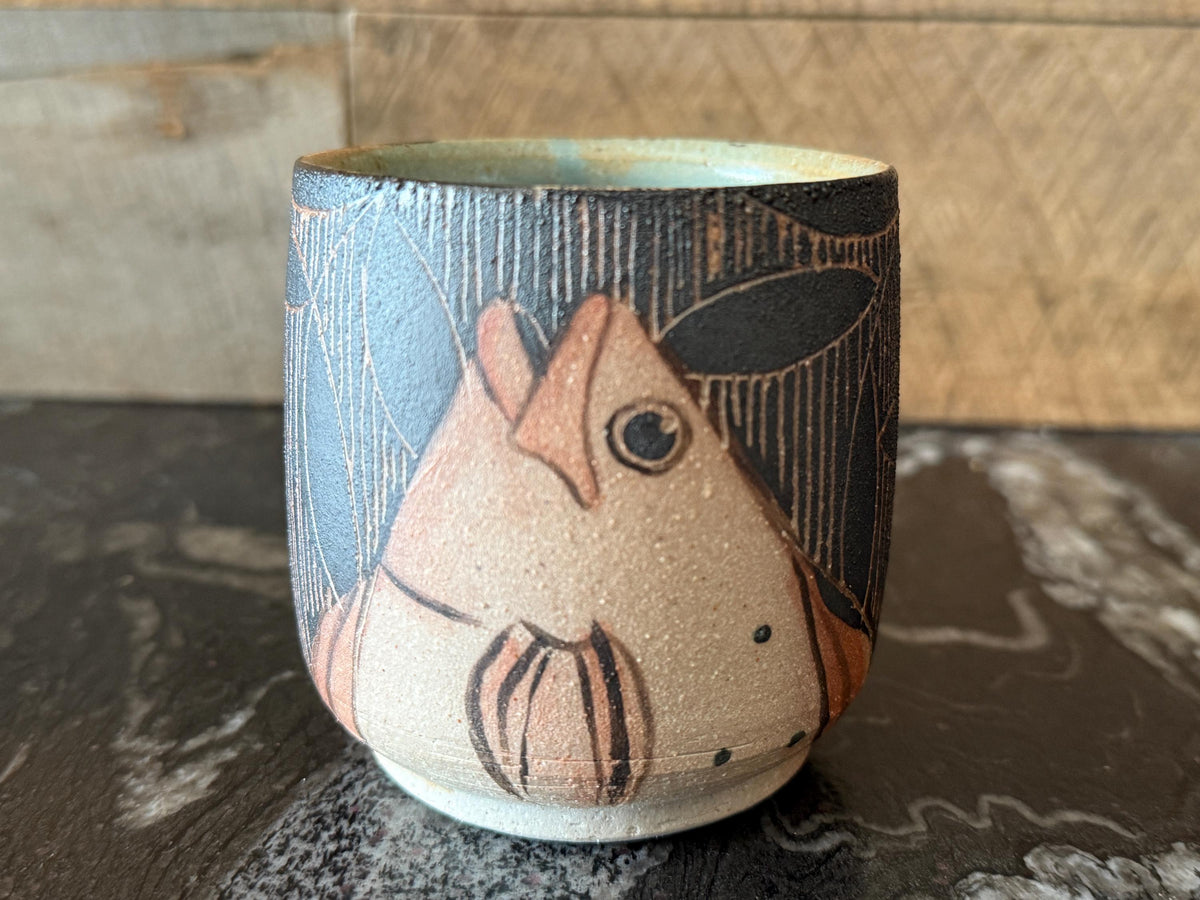Pottery tea bowl with Fish Drawing. Fish wine cup. Unique Ceramic Tea Cup.