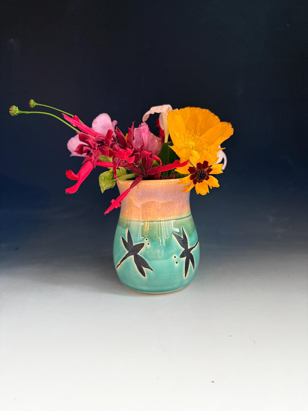 Handmade Dragonfly Pottery Vase: Blue Stoneware Bud Vase. Made In USA.