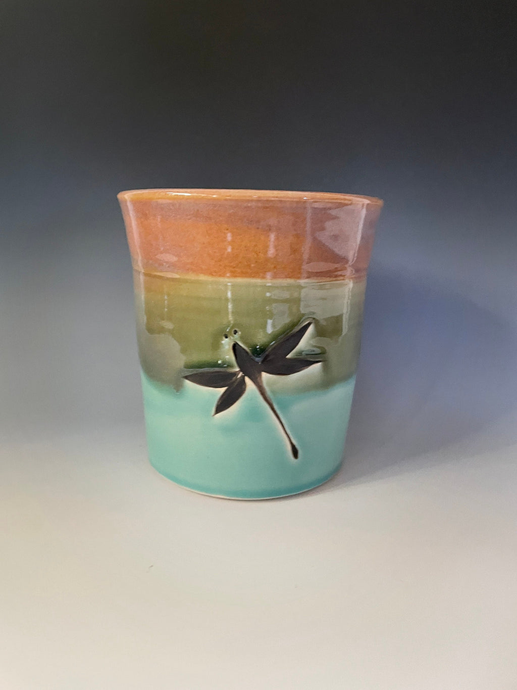 Handmade Pottery Dragonfly Vase: Teal Kitchen Crock, Colorado Art. Ceramic utensil jar.