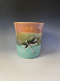 Handmade Pottery Dragonfly Vase: Teal Kitchen Crock, Colorado Art. Ceramic utensil jar.