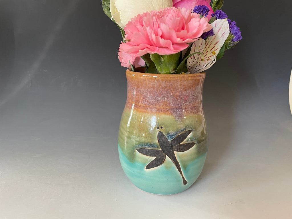 Handmade pottery vase for Mother's Day gift. 5 inch Dragonfly Art Deco Vase.