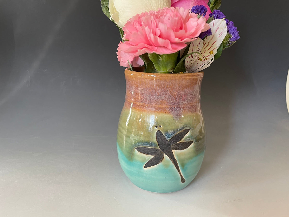 Handmade pottery vase for Mother's Day gift. 5 inch Dragonfly Art Deco Vase.