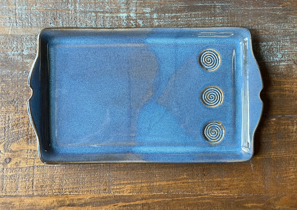 Blue Tray. Handmade Pottery Blue Plate. Blue Ceramic Serving Tray with spiral pattern, grilled meat tray 13 inch by 8 inch. Made to order.