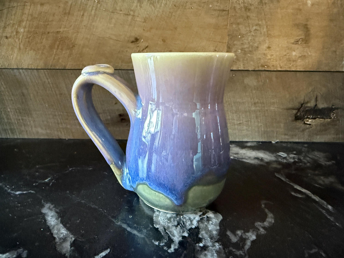 Handmade Pottery Coffee Mug with Thumb Rest. Lavender and Teal Tea Cup. Blue Coffee cup. Gift for Dad. 14 ounce mug. Mug with thumb rest.