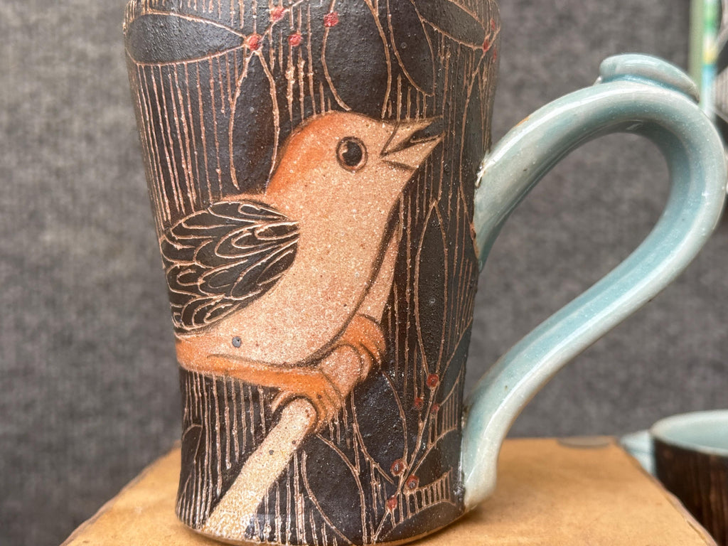 Handmade pottery bird coffee cup, 10 ounce soda fired mug.