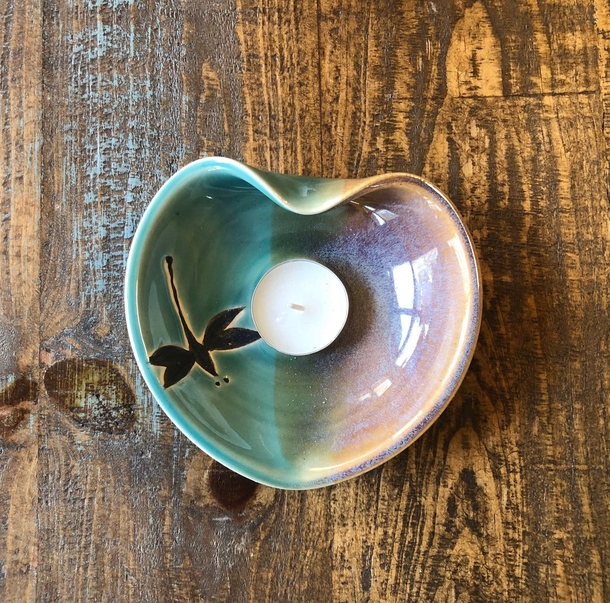 Pottery Dragonfly Heart Bowl: Handmade Teal Jewelry Dish. Made in the USA.