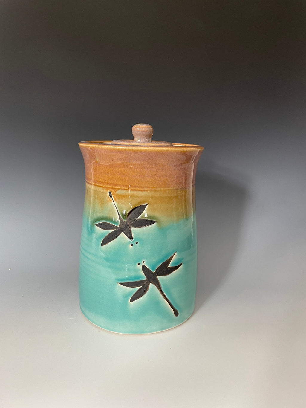 Dragonfly cookie jar 6 inches tall. beige and Turquoise colors .Fast shipping Kitchen container.Spring decor.