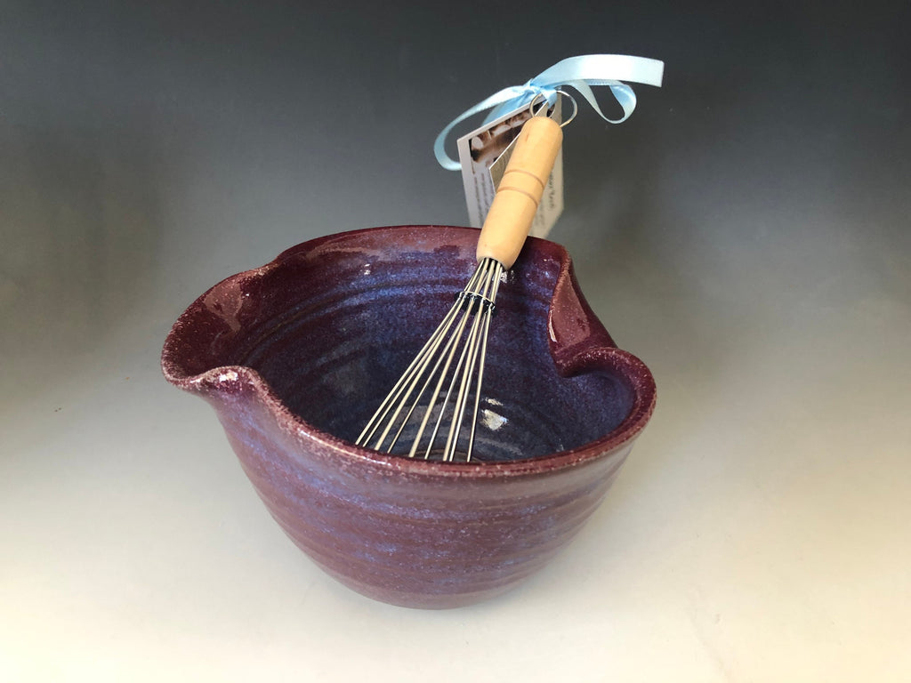 Pottery Mixing Bowl, With Whisk. Ergonomic Batter Bowl. Purple and Maroon pancake bowl. Bowl with whisk.
